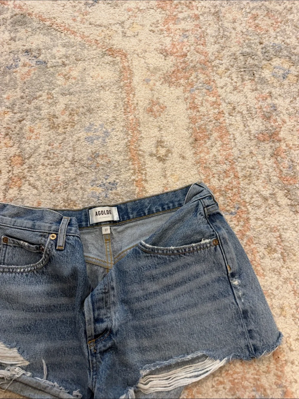 High-Rise Distressed Denim Shorts - Blue